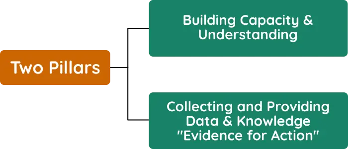 A diagram titled "Two Pillars" features two rectangular blocks. The first block, labeled "Building Capacity & Understanding," represents one pillar. The second block, labeled "Collecting and Providing Data & Knowledge 'Evidence for Action'," represents the other pillar. Both are shown as foundational elements.